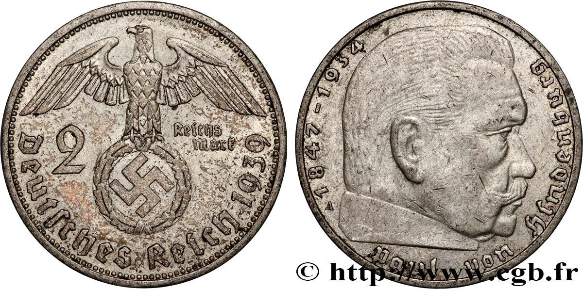 DEUTSCHLAND 2 Reichsmark Maréchal Paul von Hindenburg 1939 Berlin fVZ 