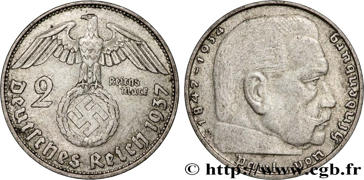 DEUTSCHLAND 2 Reichsmark Maréchal Paul von Hindenburg 1937 Munich SS 