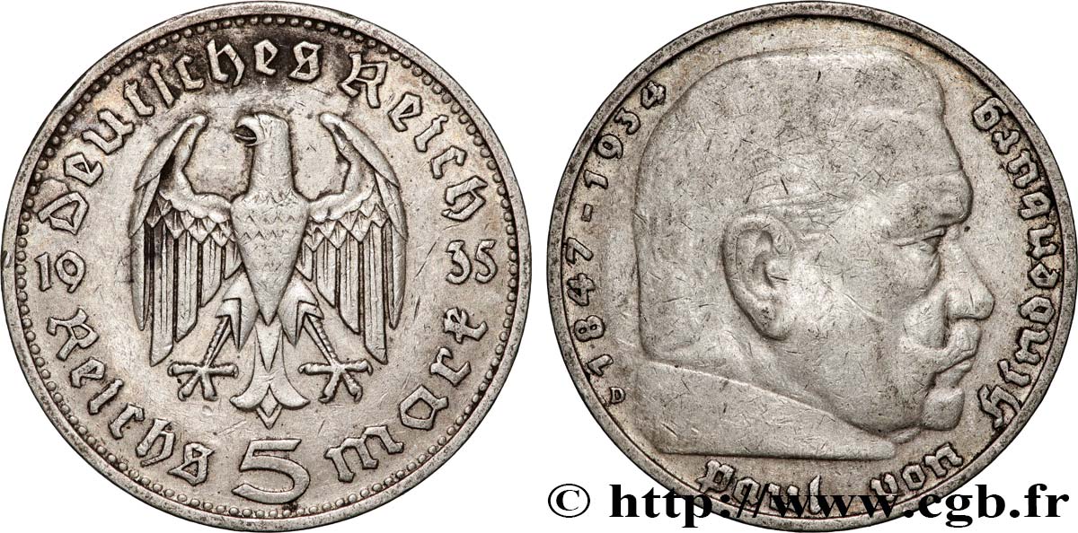 ALLEMAGNE 5 Reichsmark Maréchal Paul von Hindenburg 1935 Munich TTB 