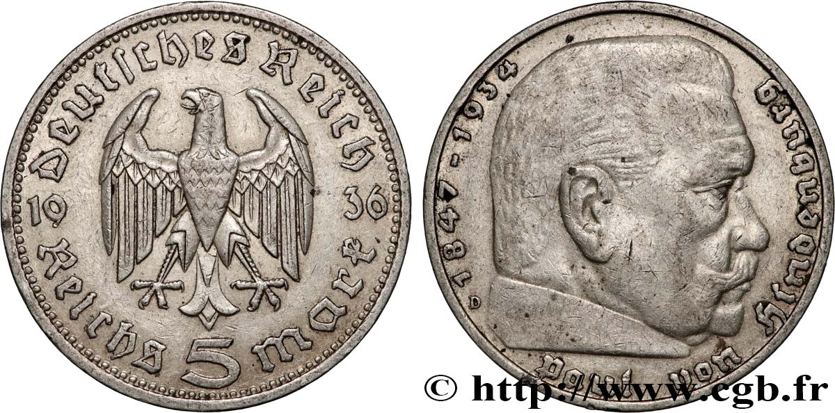 ALLEMAGNE 5 Reichsmark Maréchal Paul von Hindenburg 1936 Munich TTB 