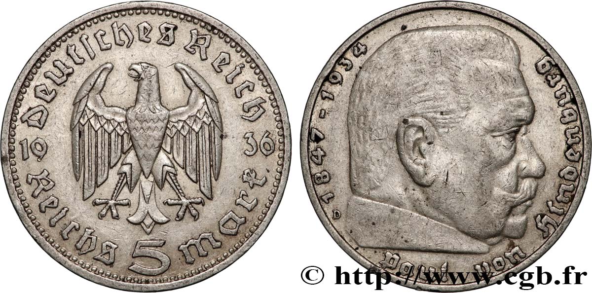 GERMANY 5 Reichsmark Maréchal Paul von Hindenburg 1936 Munich XF 