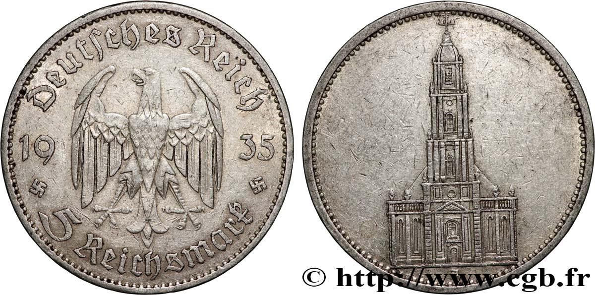 GERMANY 5 Reichsmark église de la garnison de Potsdam 1935 Berlin XF 