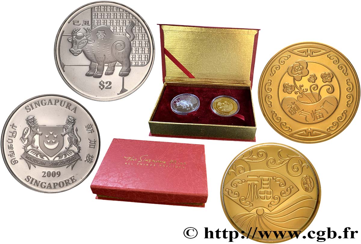 SINGAPORE 2 Dollars Proof année du boeuf + médaille 2009  MS 