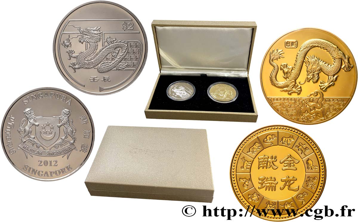 SINGAPORE 2 Dollars Proof année du dragon + médaille 2012  MS 