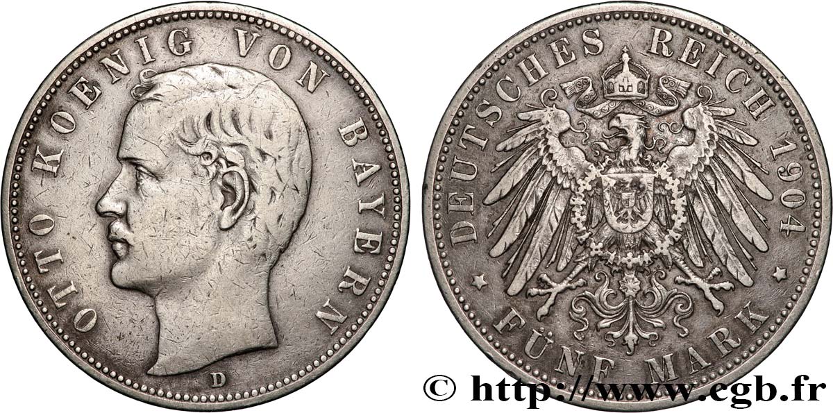 GERMANY - KINGDOM OF BAVARIA - OTTO 5 Mark  1904 Munich XF 