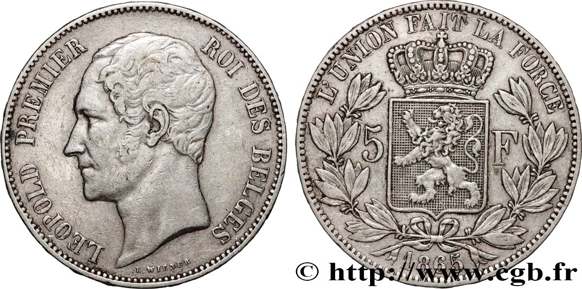 BELGIUM - KINGDOM OF BELGIUM - LEOPOLD I 5 Francs  1865  XF 