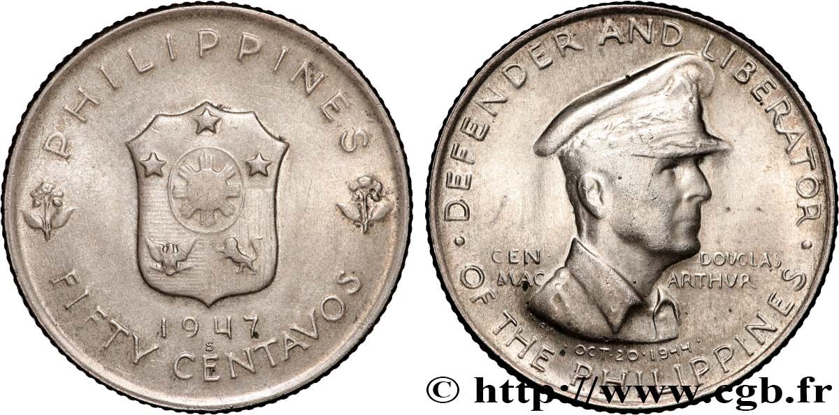 PHILIPPINES 50 Centavos Douglas McArthur 1947 San Francisco TTB+ 