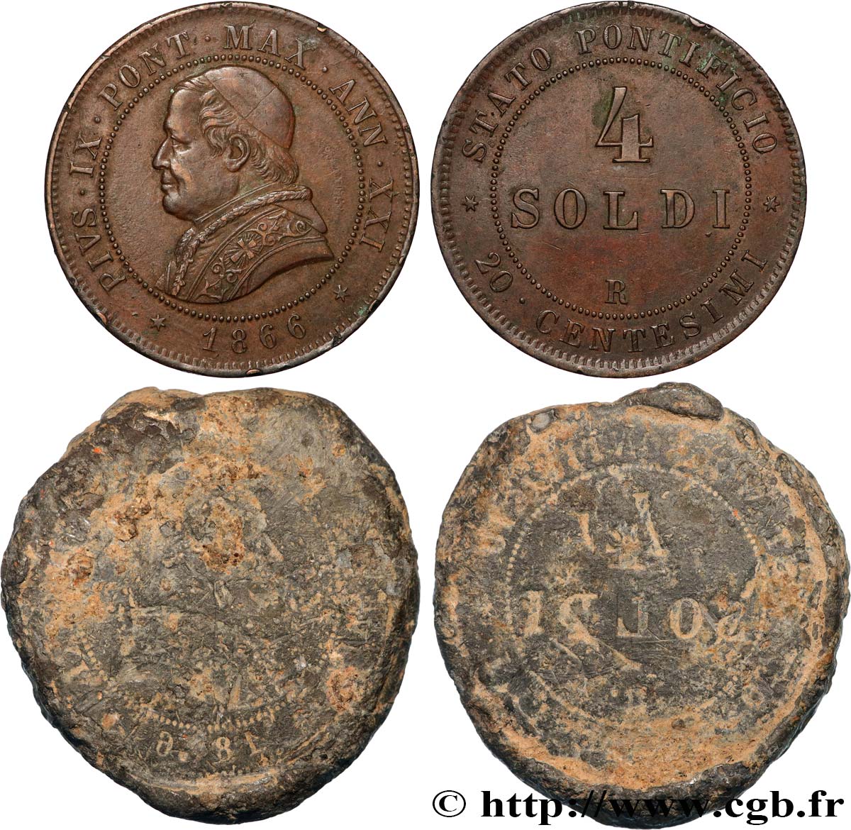 ITALY - PAPAL STATES - PIUS IX (Giovanni Maria Mastai Ferretti) 4 Soldi (20 Centesimi) an XXI + Empreinte 1866 Rome VF 