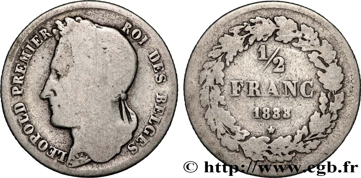 BÉLGICA 1/2 Franc Léopold tête laurée 1833  BC 