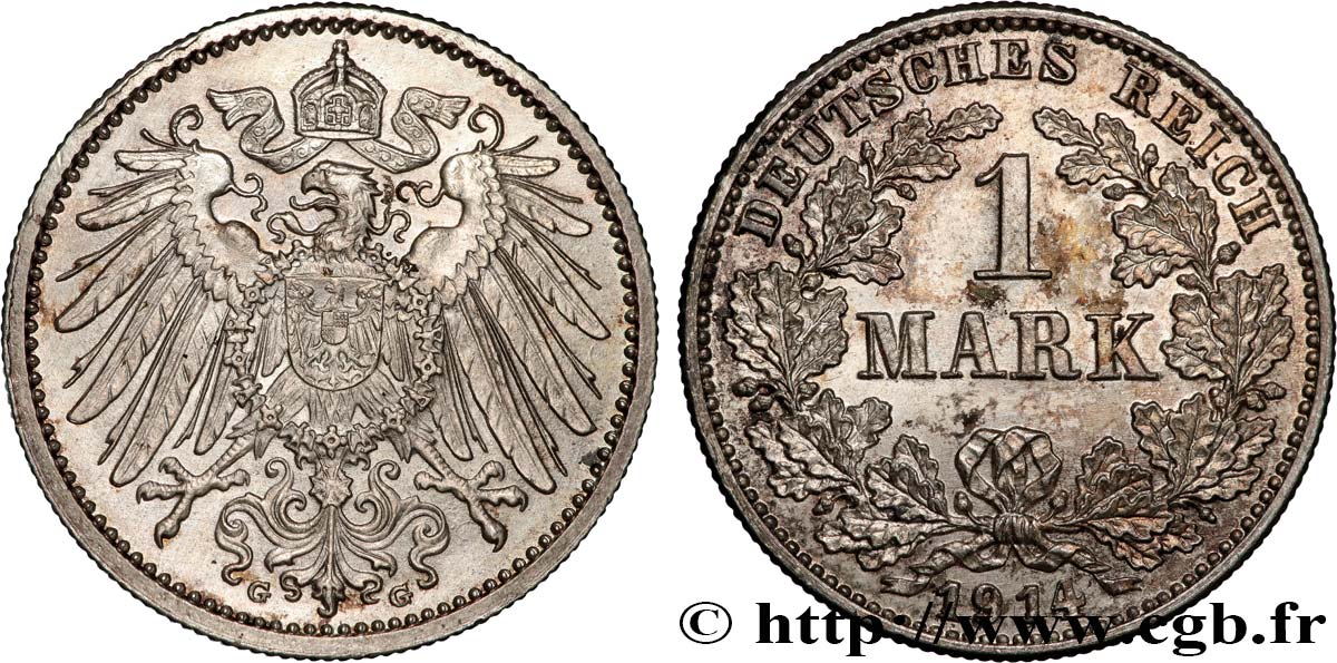 ALEMANIA 1 Mark Empire aigle impérial 2e type 1914 Karlsruhe EBC 