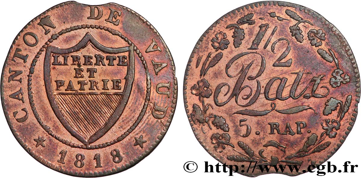 SUISSE - CANTON DE VAUD 1/2 Batzen - 5 Rappen 1818  XF 