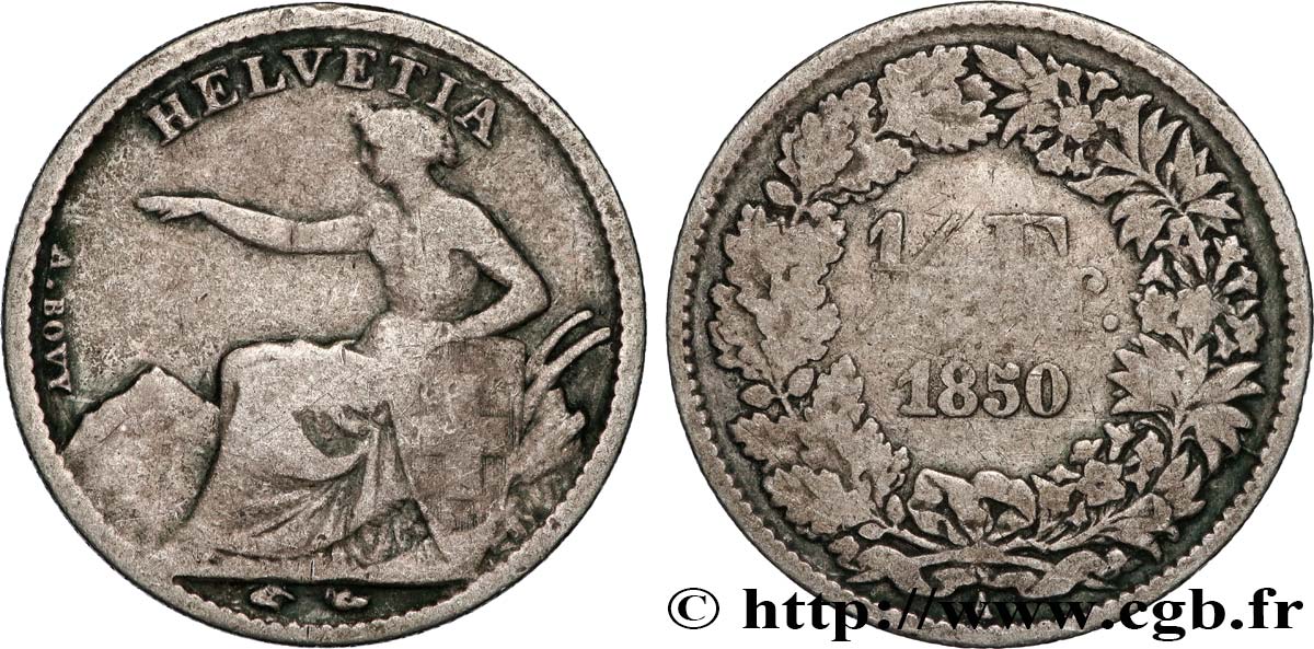 SUISSE 1/2 Franc Helvetia 1850 Paris B+ 