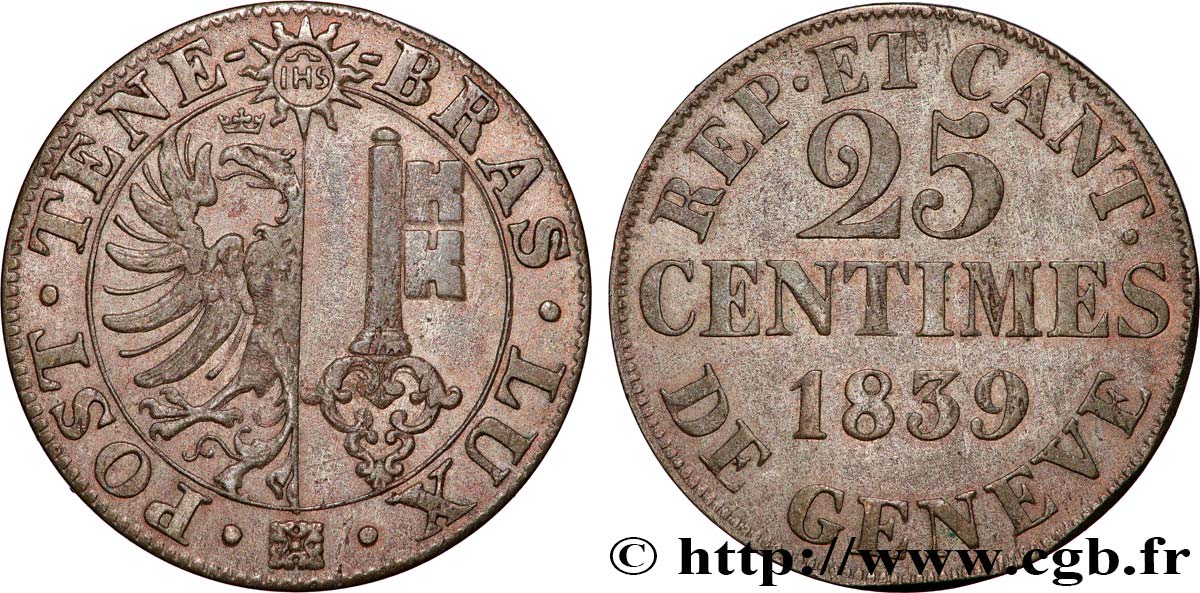 SWITZERLAND - REPUBLIC OF GENEVA 25 Centimes 1839  XF 