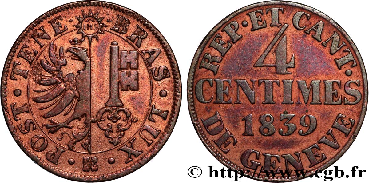 SWITZERLAND - REPUBLIC OF GENEVA 4 Centimes - Canton de Genève 1839  XF 