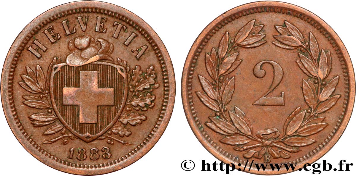 SWITZERLAND 2 Centimes (Rappen) croix suisse 1883 Berne - B AU 
