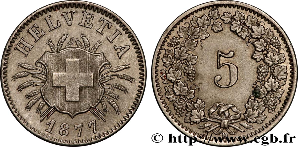 SWITZERLAND 5 Centimes (Rappen) croix suisse 1877 Berne - B AU 
