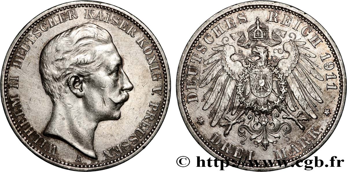 ALEMANIA - REINO DE PRUSIA - GUILLERMO II 3 Mark  1911 Berlin MBC+ 