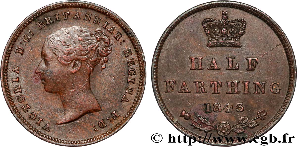 ROYAUME-UNI 1/2 Farthing Victoria “tête jeune” 1843 Londres TTB+ 