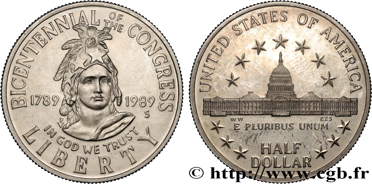 ÉTATS-UNIS D&nbsp;AMÉRIQUE 1/2 Dollar bicentennaire du Congrès buste de la Liberté / bâtiment du Capitole 1989 San Francisco - S SUP 