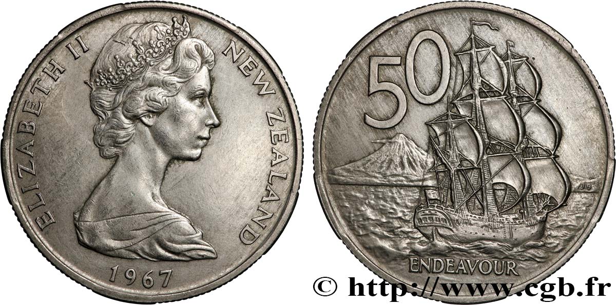 NOUVELLE-ZÉLANDE 50 Cents Elisabeth II / trois-mats Endeavour 1967  SUP 