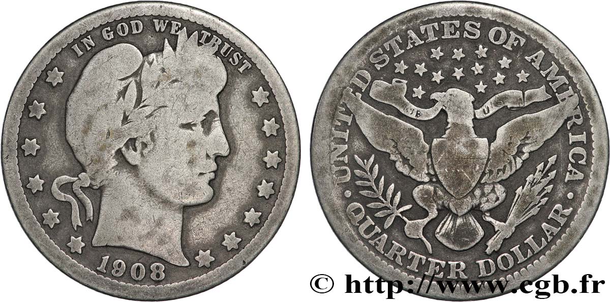 ÉTATS-UNIS D&nbsp;AMÉRIQUE 1/4 Dollar Barber 1908 Philadelphie TB 