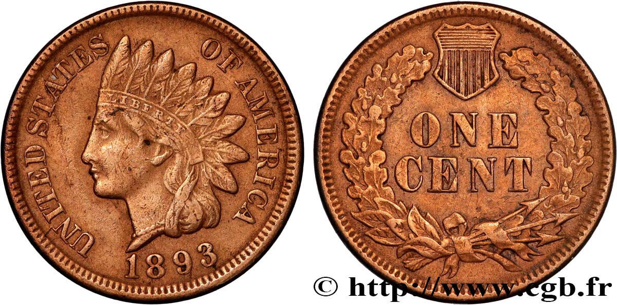 ÉTATS-UNIS D AMÉRIQUE 1 Cent tête d’indien, 3e type 1893 Philadelphie TTB 