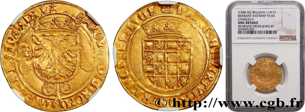 PAYS-BAS ESPAGNOLS - DUCHÉ DE BRABANT - CHARLES V DIT CHARLES QUINT Demi-réal n.d. Anvers SPL NGC