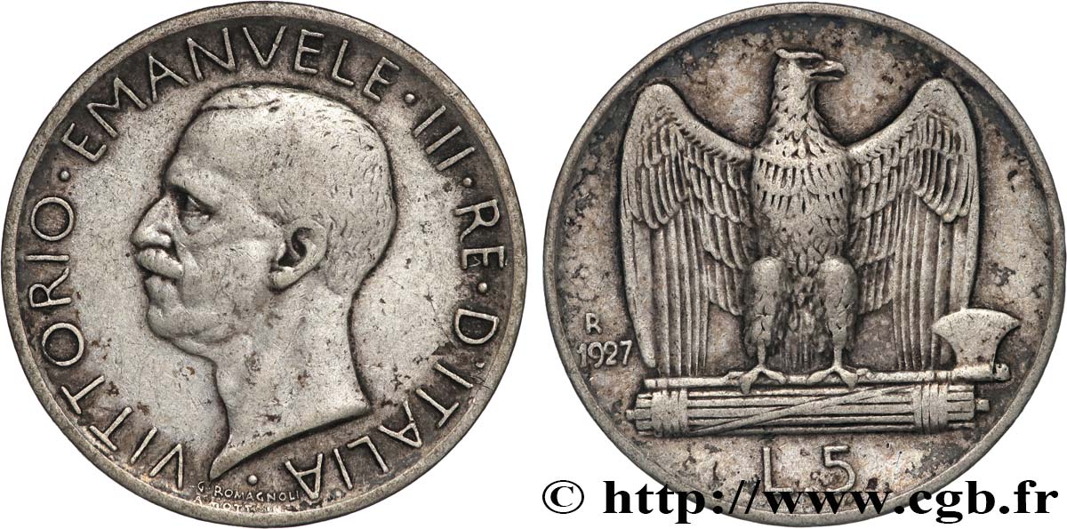 ITALIA 5 Lire Victor Emmanuel III 1927 Rome BB 