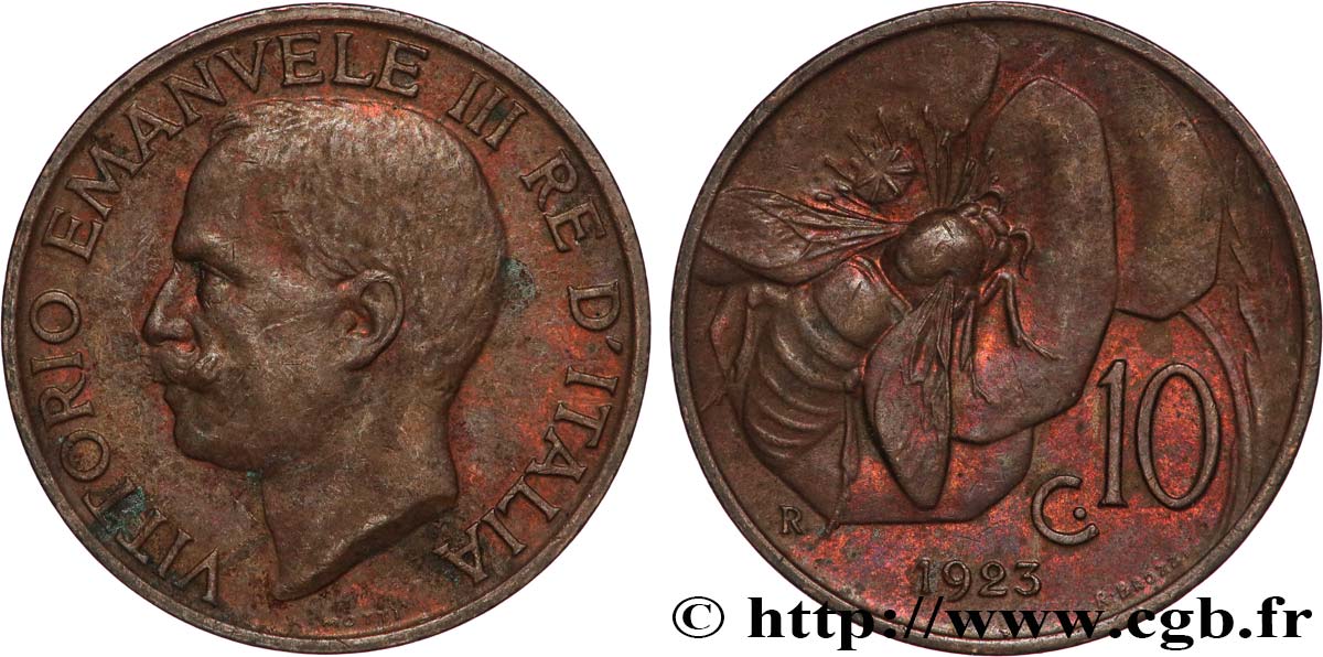 ITALIE 10 Centesimi Victor Emmanuel III / abeille 1923 Rome - R TTB+ 