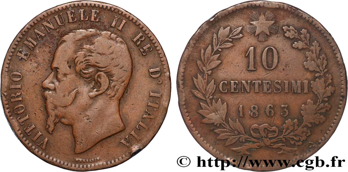 ITALIE 10 Centesimi Victor Emmanuel II 1863  TB+ 