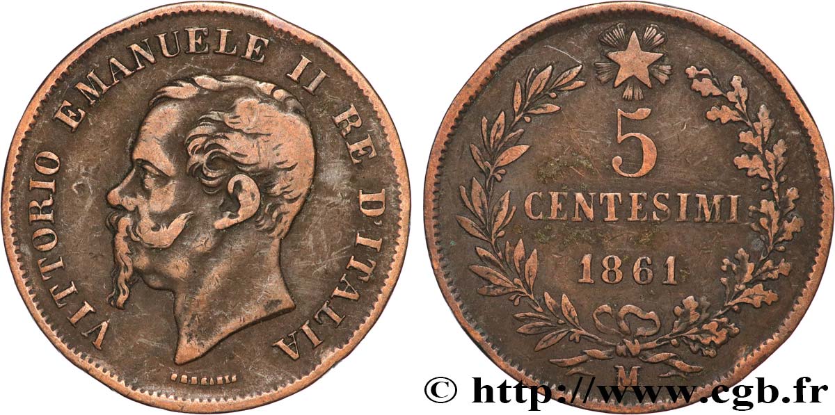 ITALIE 5 Centesimi Victor Emmanuel II 1861 Milan TB+ 