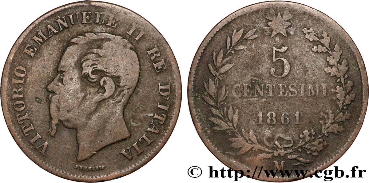 ITALIE 5 Centesimi Victor Emmanuel II 1861 Milan TB 