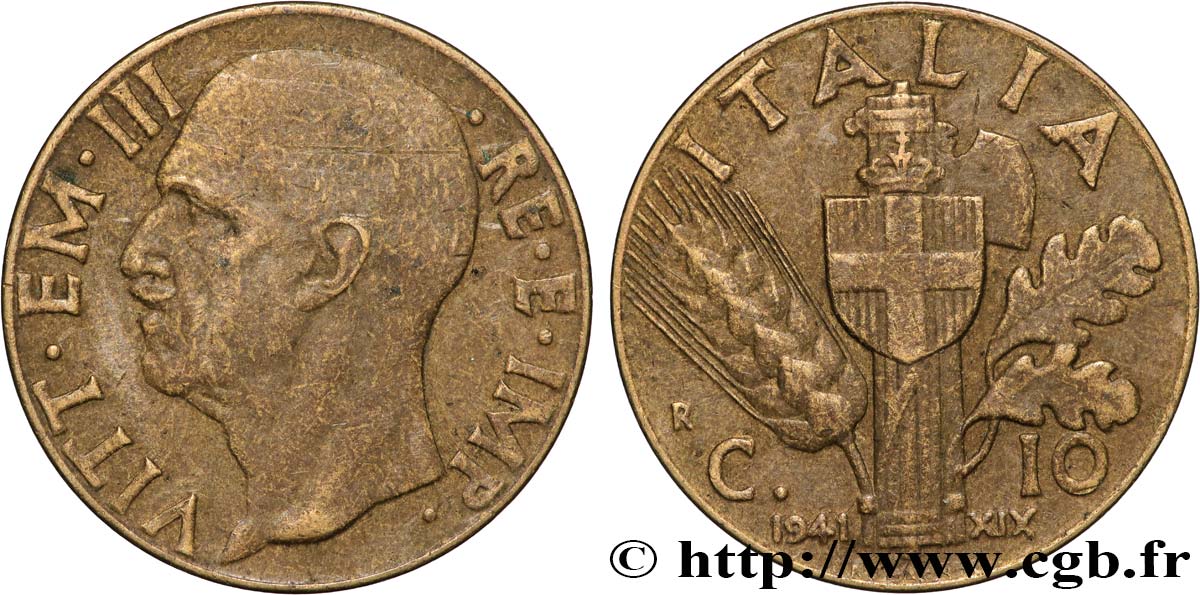 ITALIE 10 Centesimi Victor-Emmanuel III an XIX 1941 Rome - R TTB 