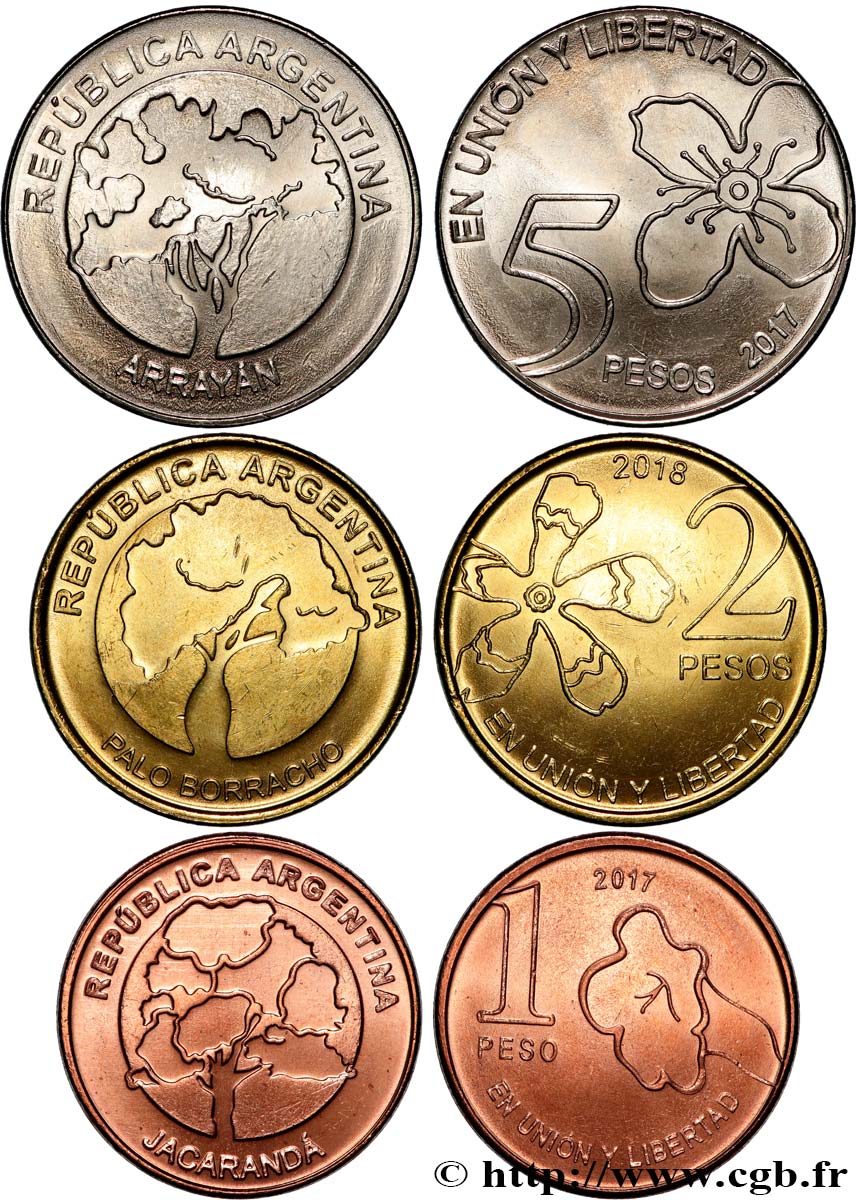 ARGENTINA Lot 3 monnaies 1, 2 et 5 Pesos 2017-2018 Buenos Aires SC 