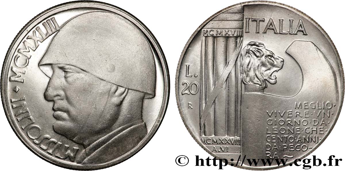 ITALIA 20 Lire Mussolini (monnaie apocryphe) 1928 Rome SC 