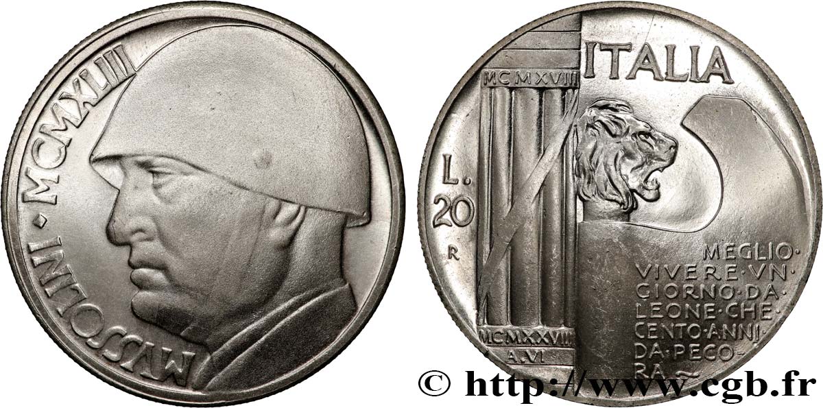 ITALIA 20 Lire Mussolini (monnaie apocryphe) 1928 Rome MS 