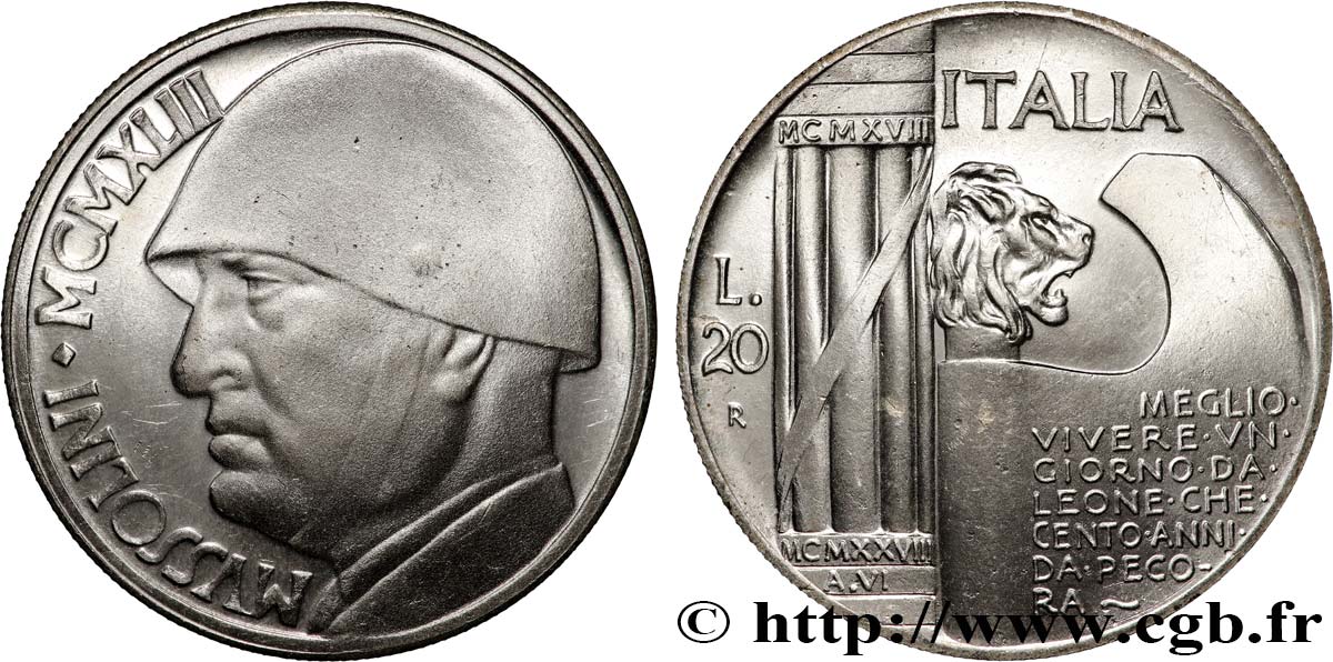 ITALY 20 Lire Mussolini (monnaie apocryphe) 1928 Rome MS 