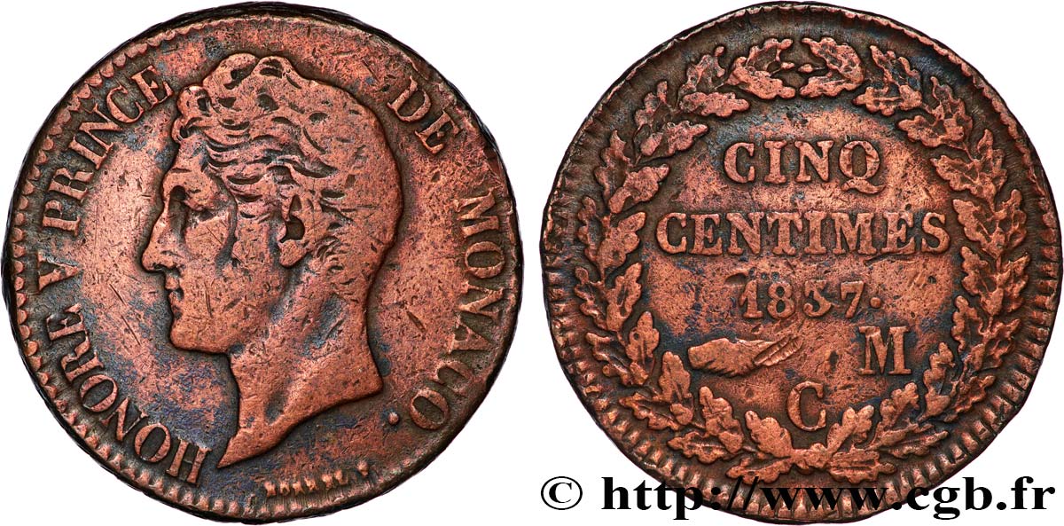 MONACO - HONORÉ V 5 Centimes en cuivre rouge 1838 Monaco BC+ 