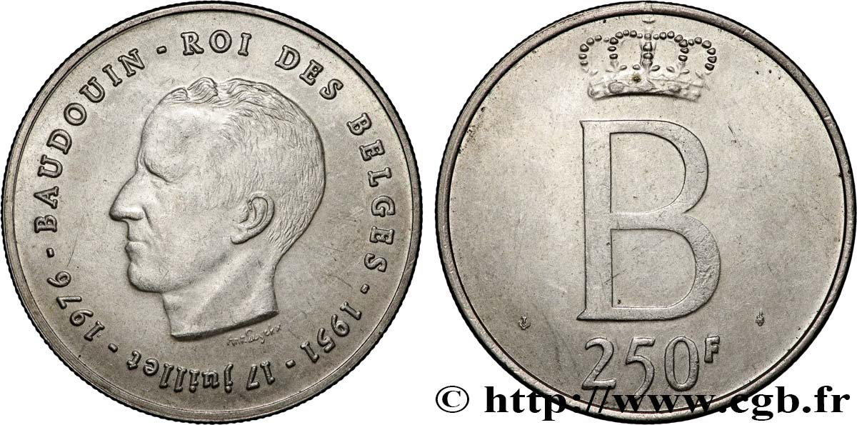 BELGIQUE 250 Francs jubilé d’argent du roi Baudouin légende française 1976 Bruxelles SUP 
