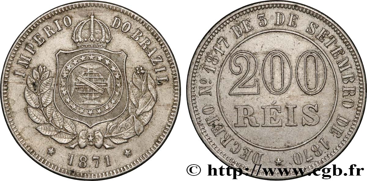 BRASIL 200 Reis Empire du Brésil 1871  MBC+ 
