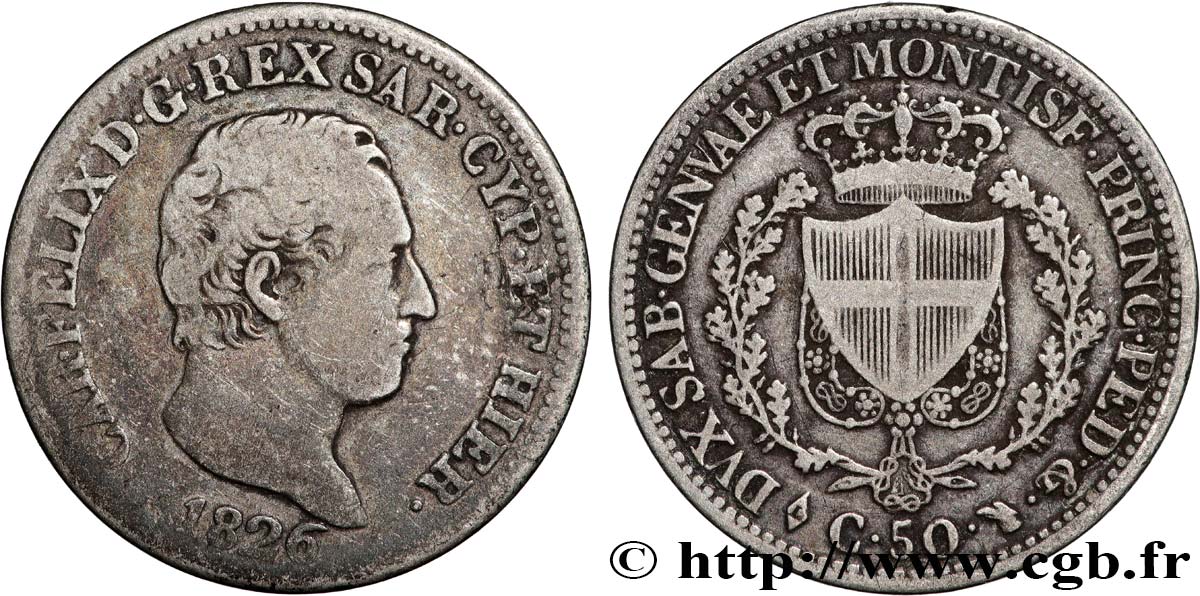 ITALY - KINGDOM OF SARDINIA 50 Centesimi Charles Félix 1826 Turin VF 
