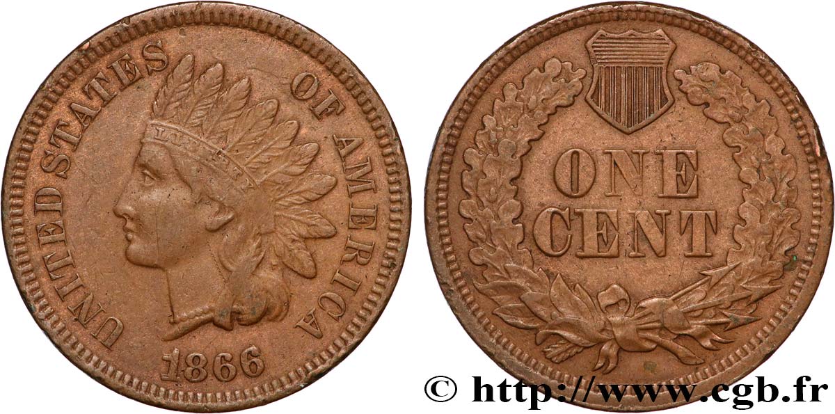 ÉTATS-UNIS D AMÉRIQUE 1 Cent tête d’indien, 3e type 1866 Philadelphie TTB 