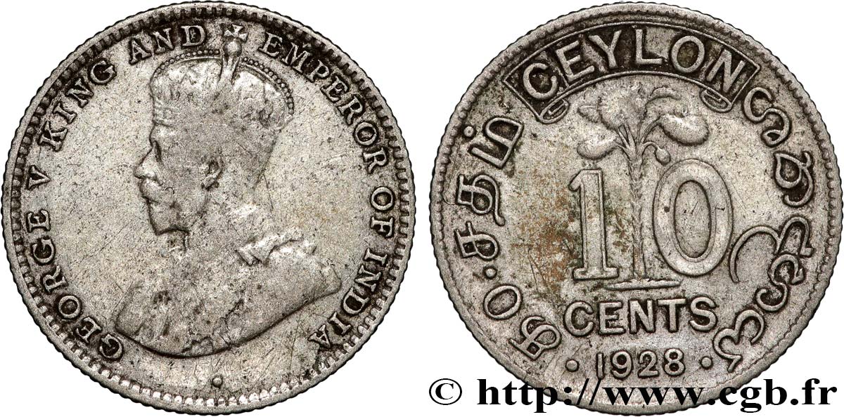 CEILáN 10 Cents Georges V 1928 Bombay BC+ 