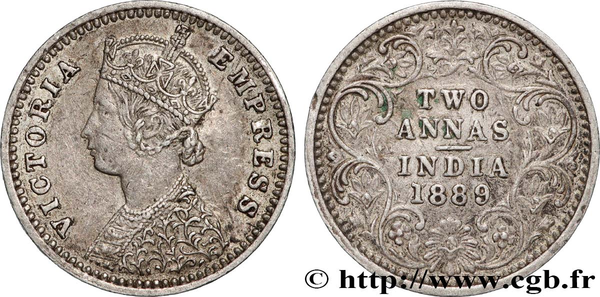 INDES BRITANNIQUES 2 Annas Victoria 1889 Bombay TTB 