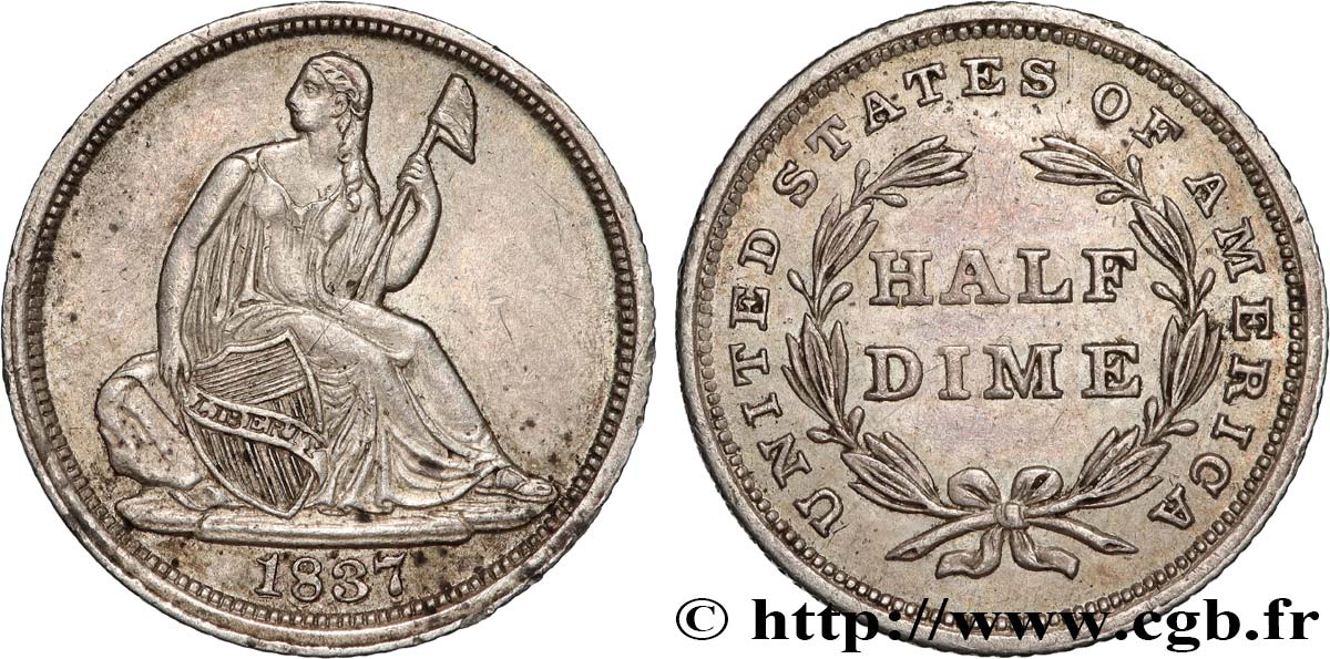 UNITED STATES OF AMERICA 1/2 Dime (5 Cents) Liberté assise 1837 Philadelphie AU 