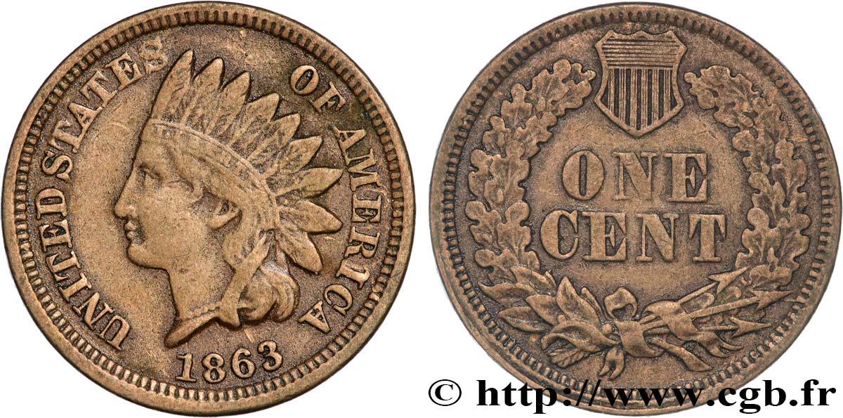 ÉTATS-UNIS D AMÉRIQUE 1 Cent tête d’indien 2e type 1863 Philadelphie TB+ 