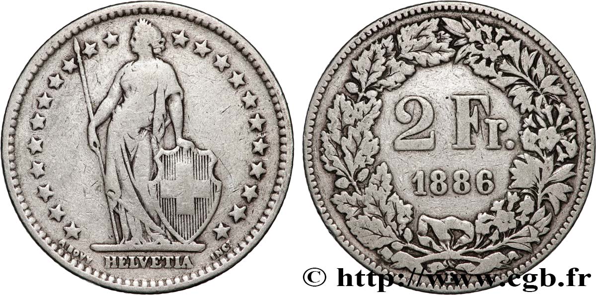 SUISSE 2 Francs Helvetia 1886 Berne TB 