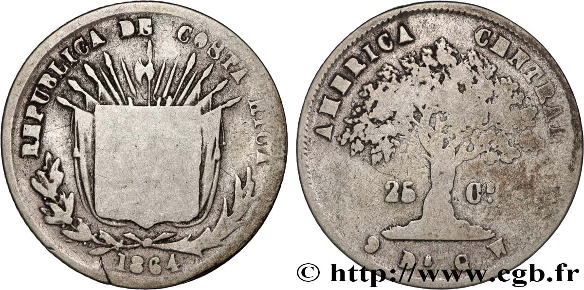 COSTA RICA 25 Centavos 1864 San José MB 