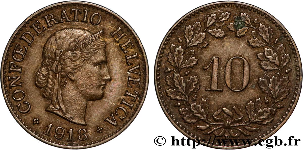 SWITZERLAND 10 Centimes (Rappen) Helvetia 1918 Berne XF 