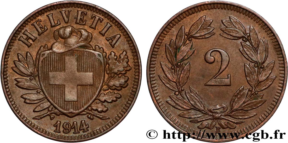 SUISSE 2 Centimes (Rappen) croix suisse 1914 Berne - B TTB+ 